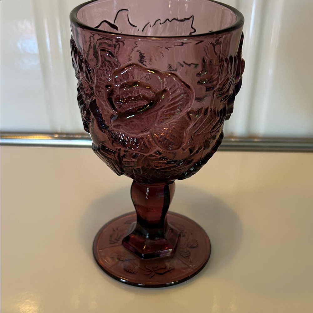 Madonna Inn Vintage Amethyst Goblet Fenton L.G. Wright Wild Rose Purple 6.5"